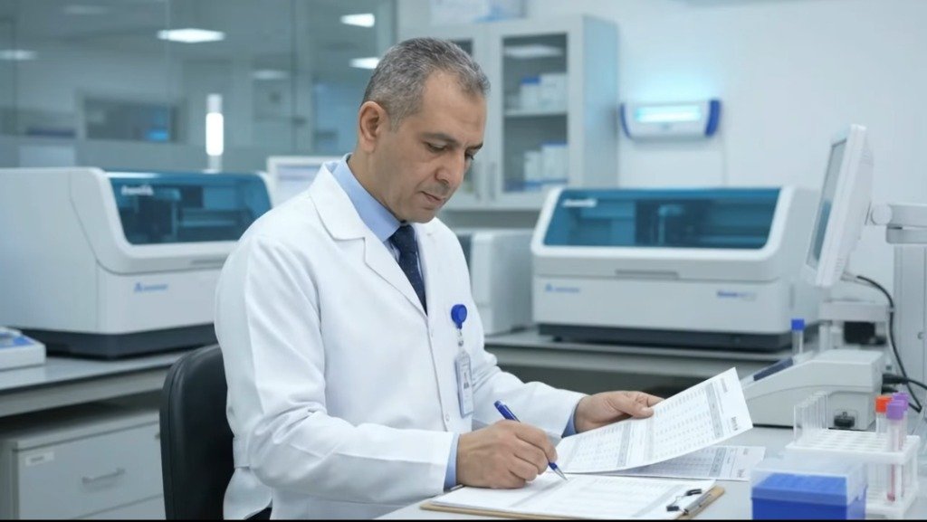 استشاري الباثولوجيا الإكلينيكية بمعمل العبور أثناء تدقيق تقارير المرضى بكفر الشيخ